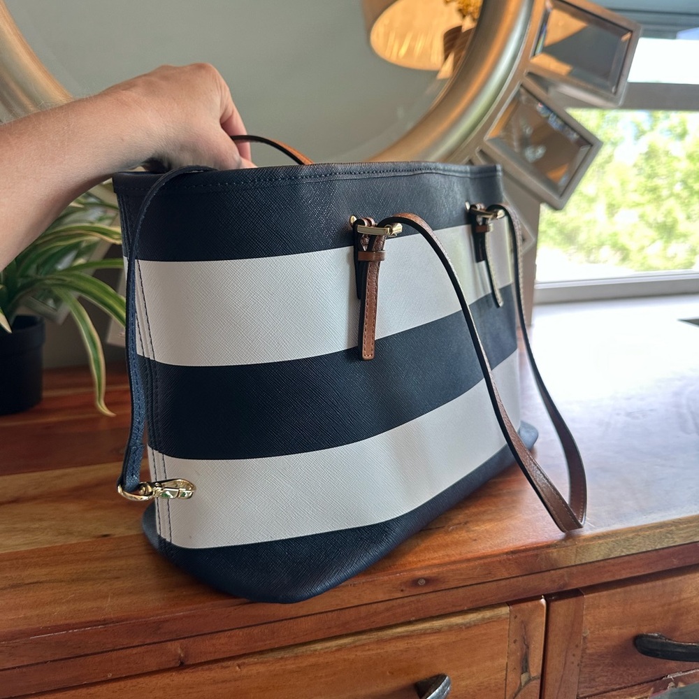 Michael Kors Navy White Striped Saffiano Tote with Tan Straps - Picture 4 of 5